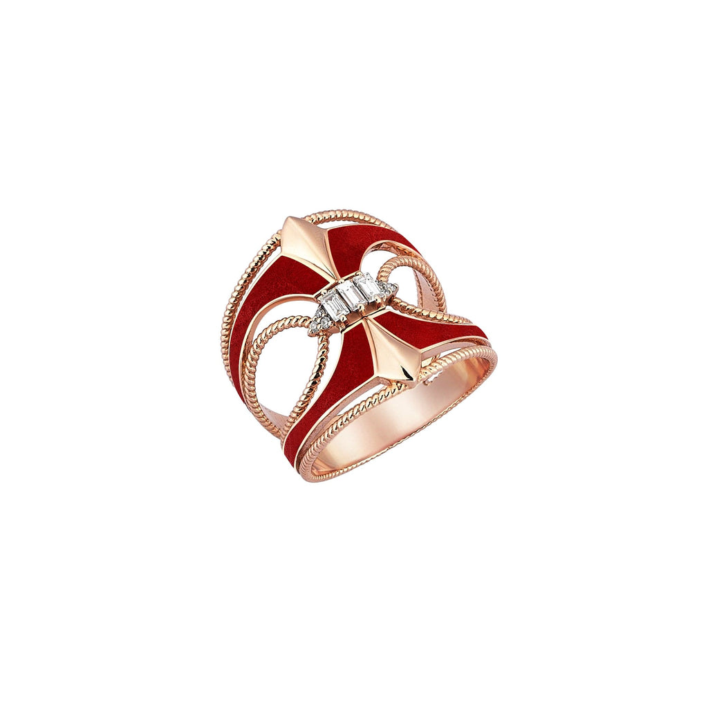 Balcony 162 claret red enamel ring in baguette and white diamond | Maison Orient