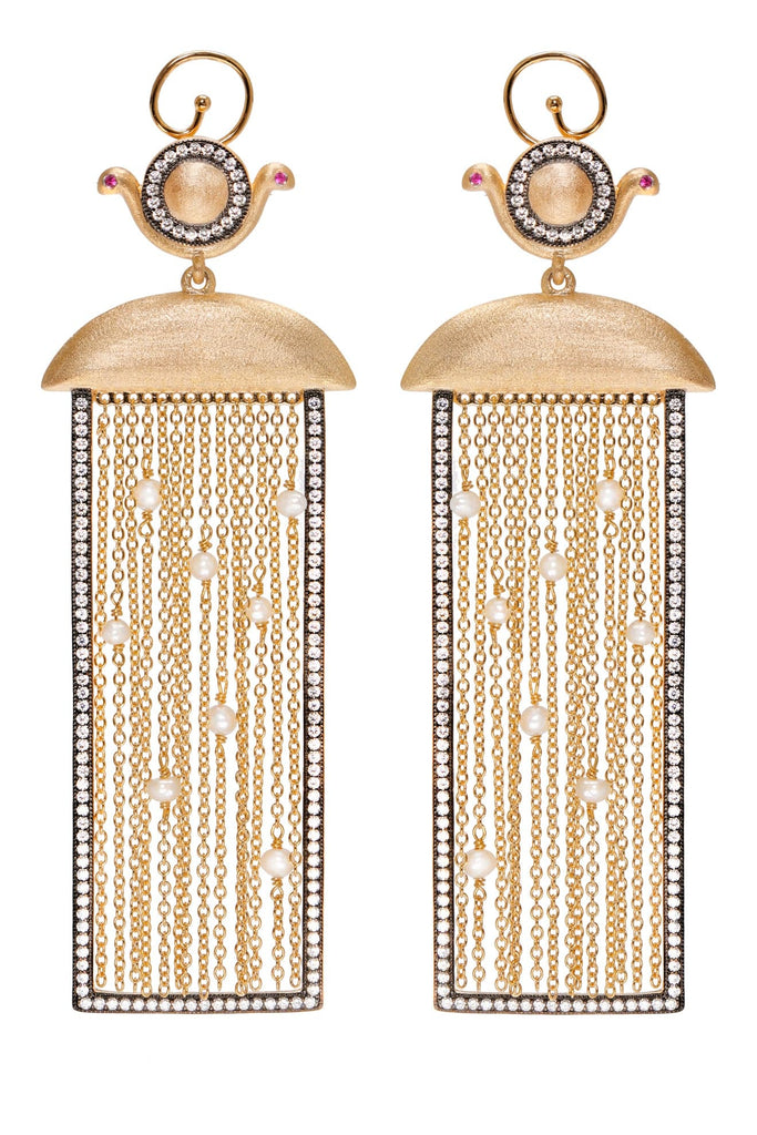 Ammanii Rectangular Shape Earrings with Pearls and Moving Tassels | Maison Orient