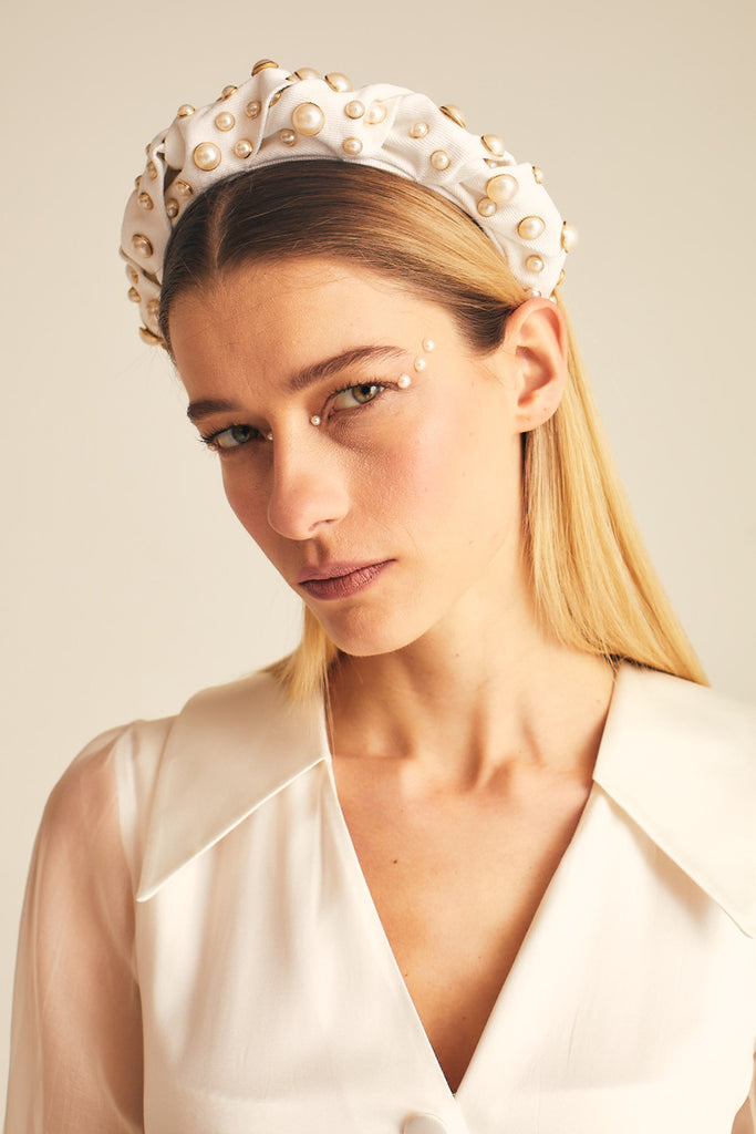 Gaios White Denim Whirl Headband with Pearls | Maison Orient