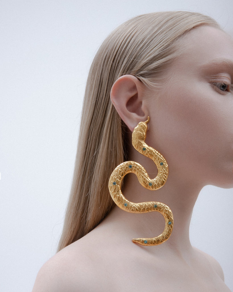 Large Snake earrings with blue stones | Maison Orient