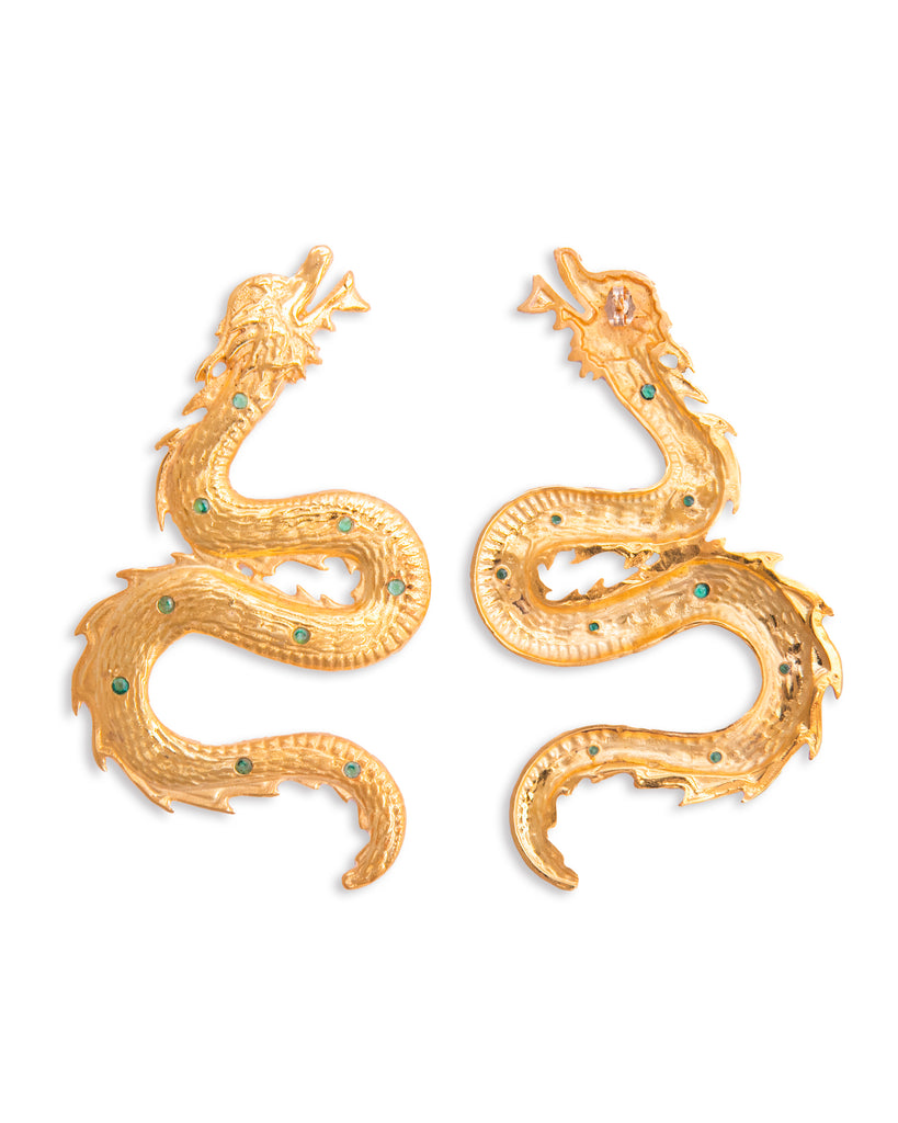 Large Dragon earrings with green stones | Maison Orient