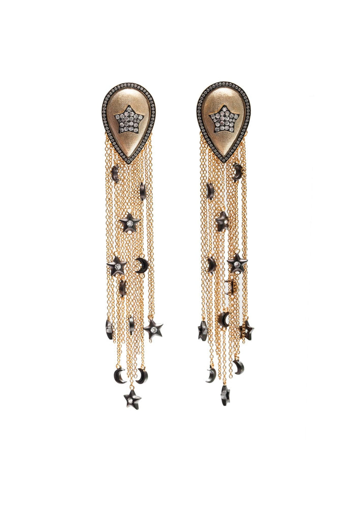 Ammanii Sa Mma Long Tassels Charms Earrings And Pave Star Vermeil Gold | Maison Orient