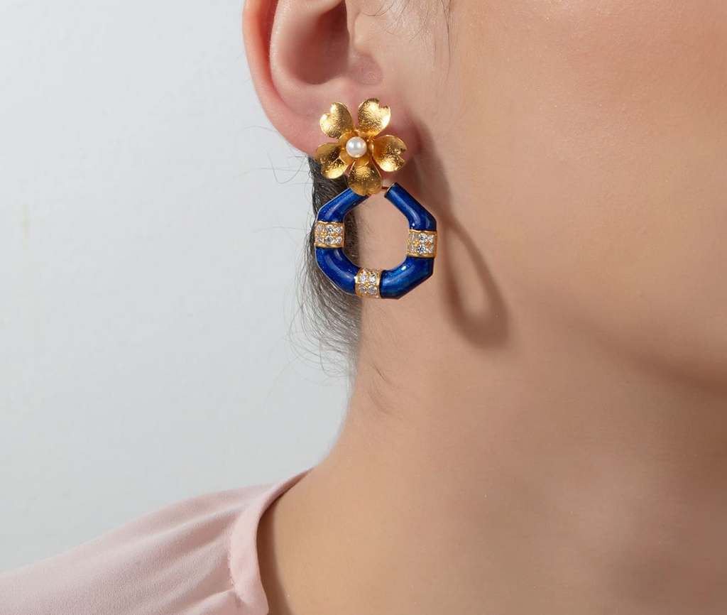Milou Gold Flower & Geometric Drop Earrings - Navy Blue | Maison Orient