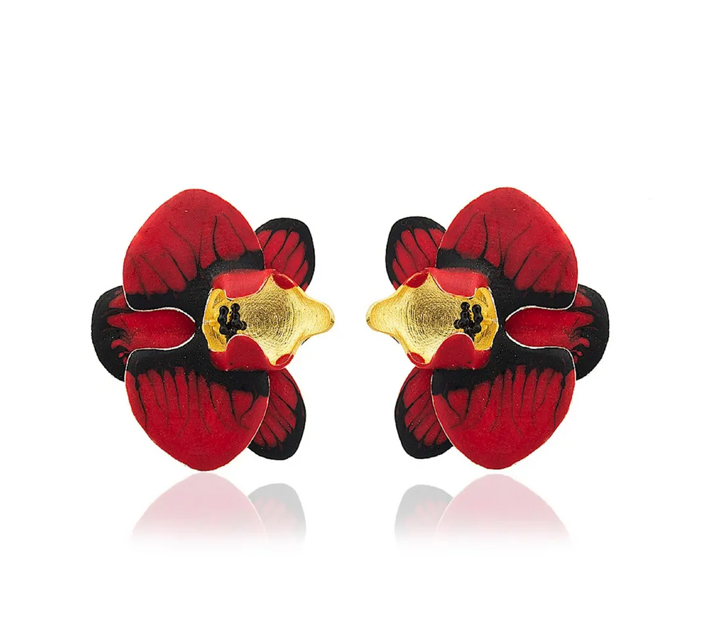Milou Red & Black Orchid Flower Earrings | Maison Orient
