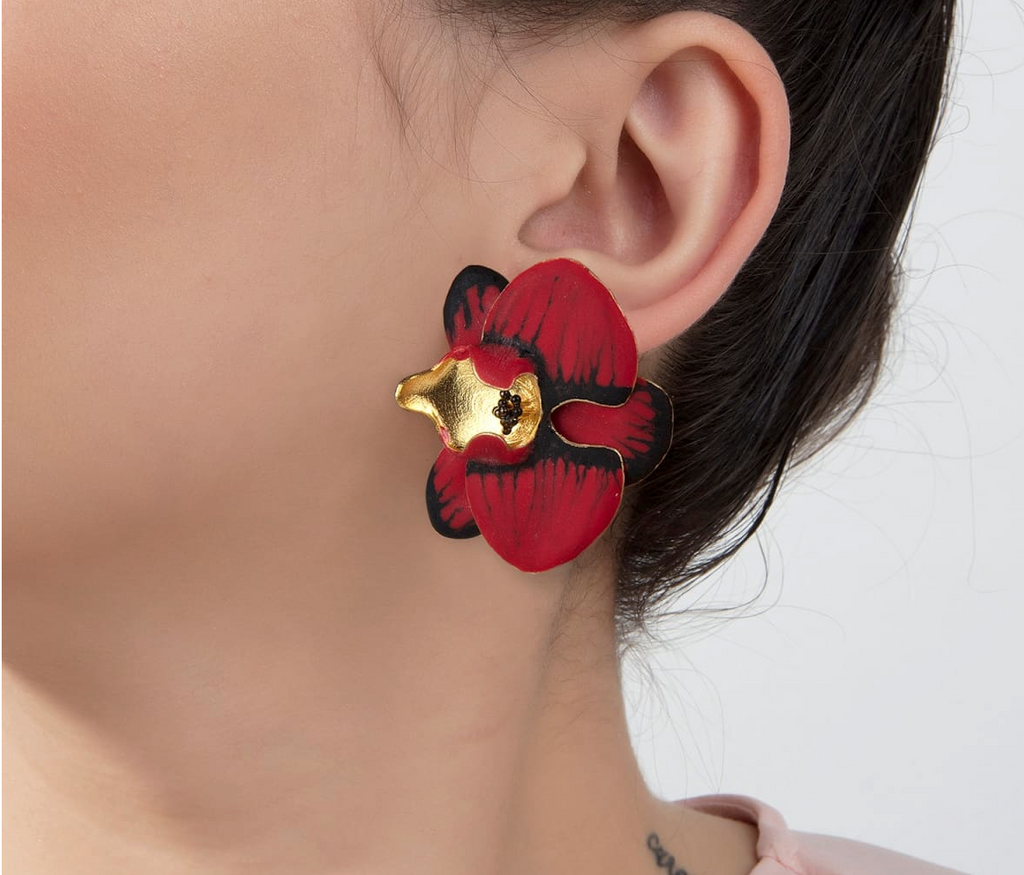 Milou Red & Black Orchid Flower Earrings | Maison Orient