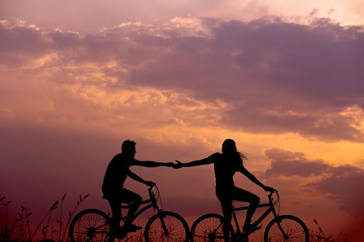 People riding bicycles at sunset.