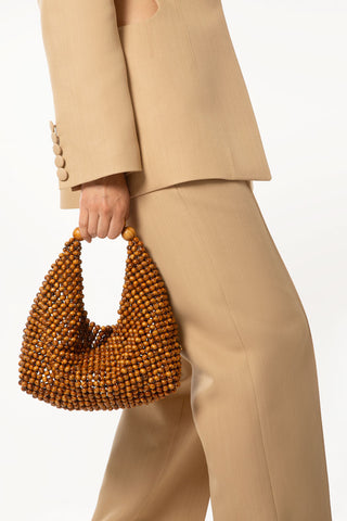 Brown wooden bead Jodie tote bag, detail of the beadwork