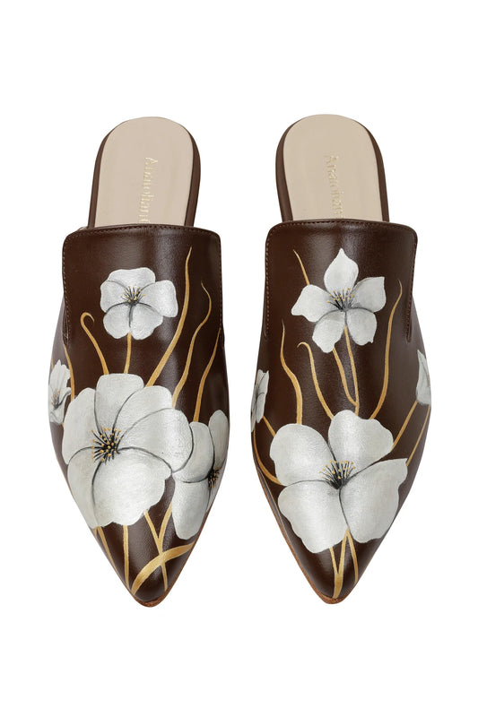 WHISPERING POPPIES - BROWN LEATHER MULES