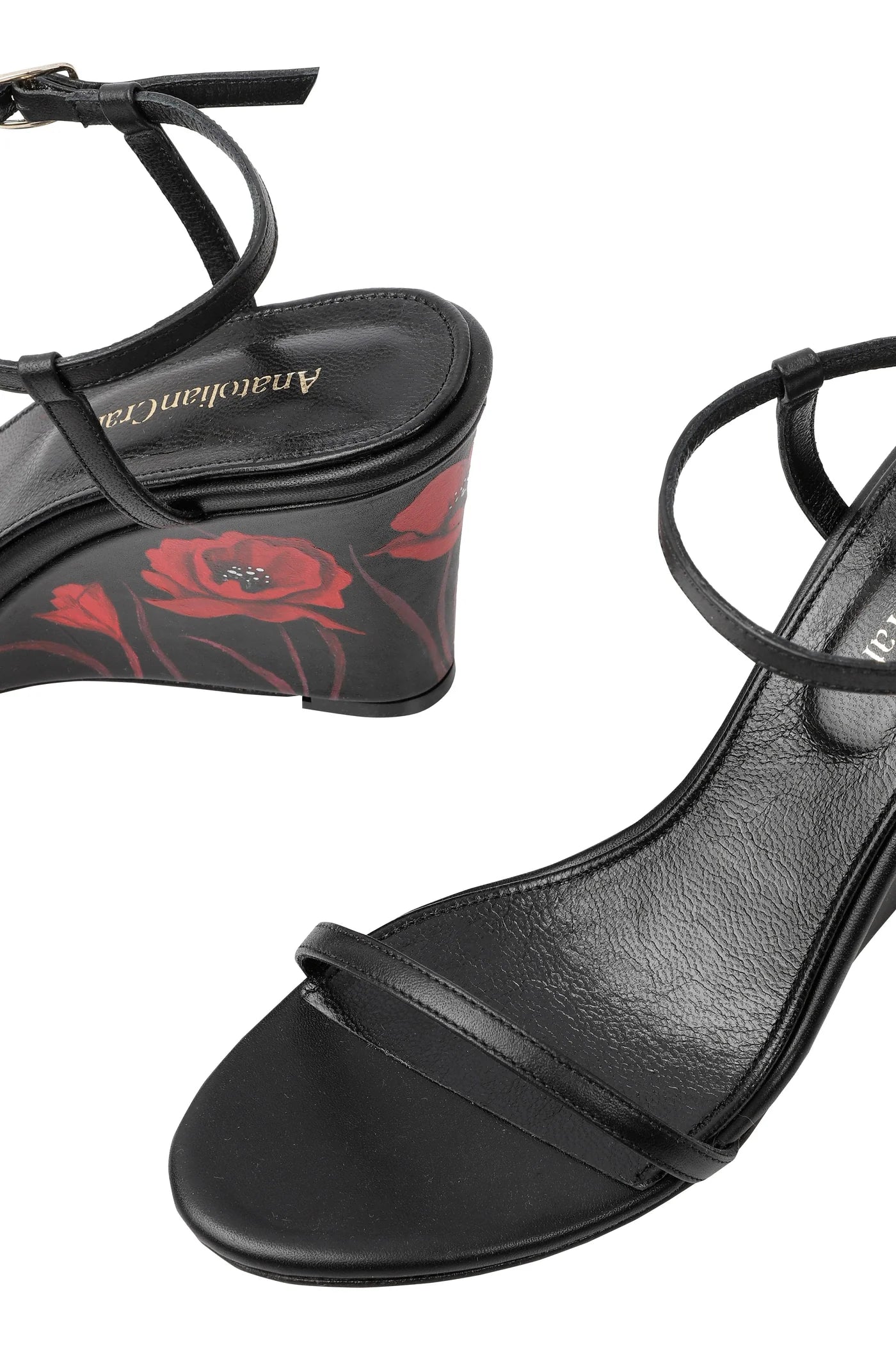 WHISPERING POPPIES - BLACK LEATHER WEDGED SANDALS