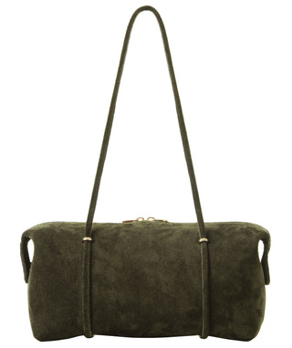 Khaki Faye suede shoulder bag with slim handles and top zip, front view
