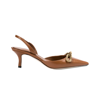 Catena camello leather slingback pump with gold chain detail, side view
