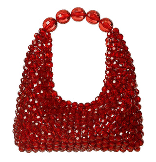 Pomegranate beaded Jodie tote bag with oversized bead handle, front view