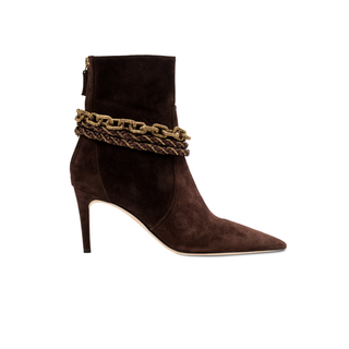 Catena Notte dark brown suede ankle boot with gold chain anklet detail, side view