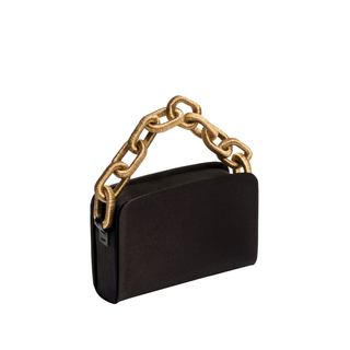 Catena black satin two-sided bag with antique gold chain handle, front view