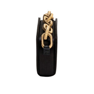 Catena black satin two-sided bag with antique gold chain handle, side view