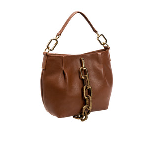 Catena camello leather small shoulder pouch with antique gold chain