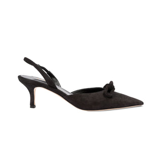 Catena black suede slingback pump with kitten heel and chain link detail, side view