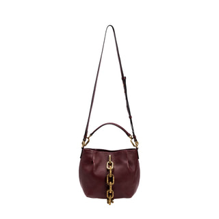 Catena burgundy small shoulder pouch shown with the crossbody strap