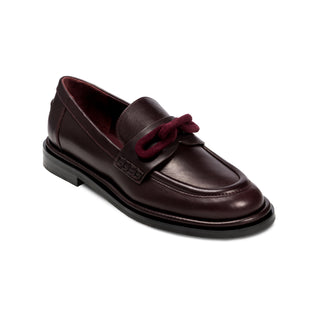 Catena burgundy flat moccasin in dark cherry leather with black suede chain detail