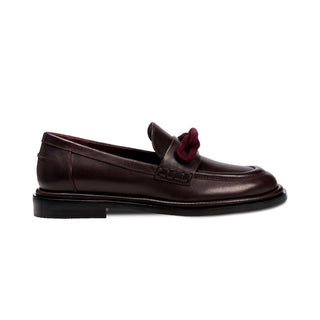 Catena burgundy flat moccasin in dark cherry leather with black suede chain detail, side view