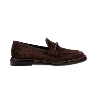 Hedera dark brown suede moccasin with twisted leather rope detail, side view