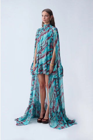 SOFIA MAXI CAPE DRESS / TURQUOISE PATTERNED