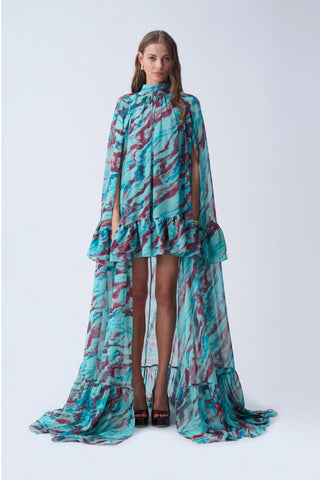 SOFIA MAXI CAPE DRESS / TURQUOISE PATTERNED