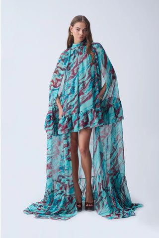 SOFIA MAXI CAPE DRESS / TURQUOISE PATTERNED