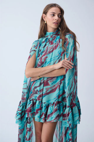 SOFIA MAXI CAPE DRESS / TURQUOISE PATTERNED