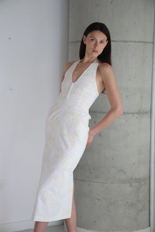 SIERA White Floral Embroidery Midi Dress