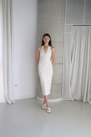 SIERA White Floral Embroidery Midi Dress