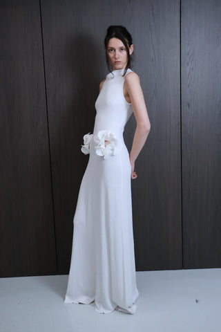 VIOLA Creme Cotton Knit Dress With 3D Flowers
