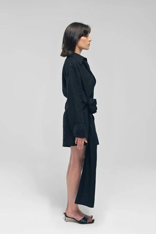 SHANDA Black Knot Linen Mini Dress