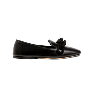Catena black leather moccasin with suede chain detail, side view