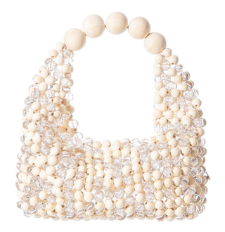 Transparent and beige beaded Jodie bag with oversized bead handle, front view
