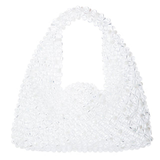 Transparent and white beaded Jodie bag with oversized bead handle, front view