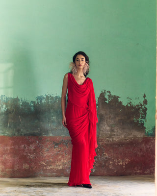 Red Chiffon Draped Dupatta Dress