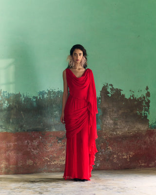 Red Chiffon Draped Dupatta Dress