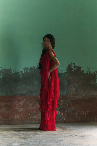 Red Chiffon Draped Dupatta Dress