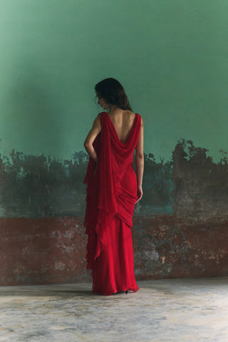 Red Chiffon Draped Dupatta Dress