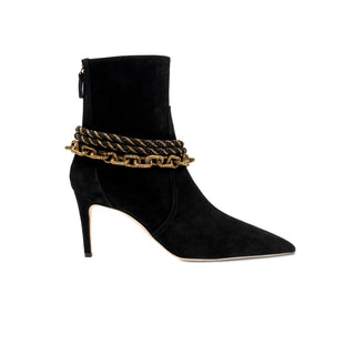 Catena Notte black suede ankle boot with gold chain anklet detail, side view
