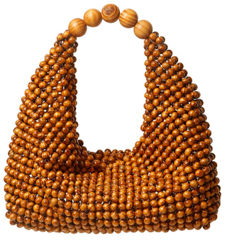 Brown wooden bead Jodie tote bag with oversized bead handle, front view