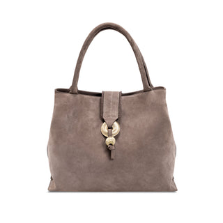 Boho Chic taupe suede tote bag with the inner straps joined for a rounder shape