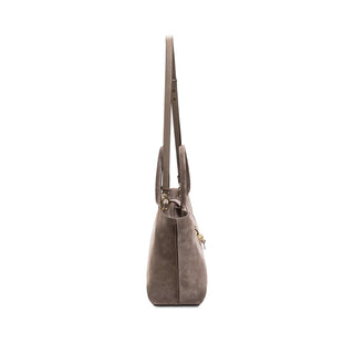 Boho Chic taupe suede tote bag with the crossbody strap