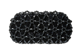 Navy blue Tebea beaded clutch in woven glass beads, front view