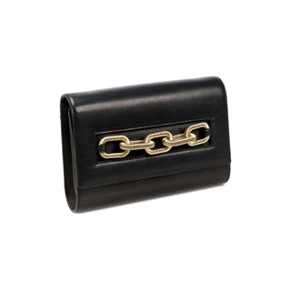 Catena black leather day-to-night bag with gold chain detail in the front window