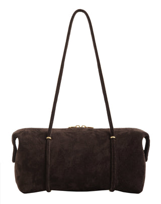 Chocolate Faye suede shoulder bag with slim handles and top zip, front view