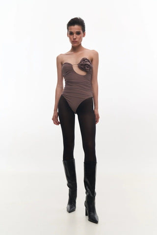 DRAPED BUSTIER BODYSUIT WITH A FLOWER - Maison OrientKris MaranMaison OrientClothing