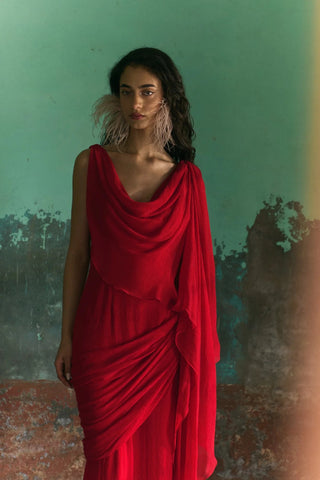 Red Chiffon Draped Dupatta Dress - Maison OrientSZABO SIHAGMaison OrientShirts & Tops