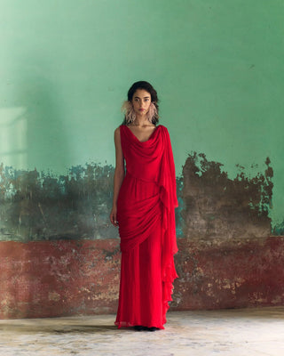 Red Chiffon Draped Dupatta Dress - Maison OrientSZABO SIHAGMaison OrientShirts & Tops